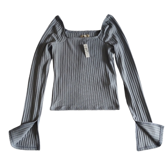 NWT Madewell Size XS Blue Ribbed Slit Sleeve Square Neck Top - Picture 1 of 15